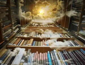 Akashic Records library with clouds and light