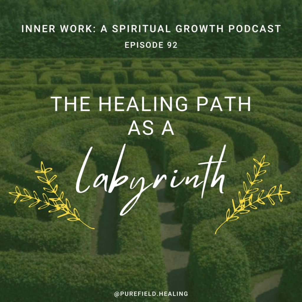 green labyrinth with white words healing path as labyrinth spiritual podcast