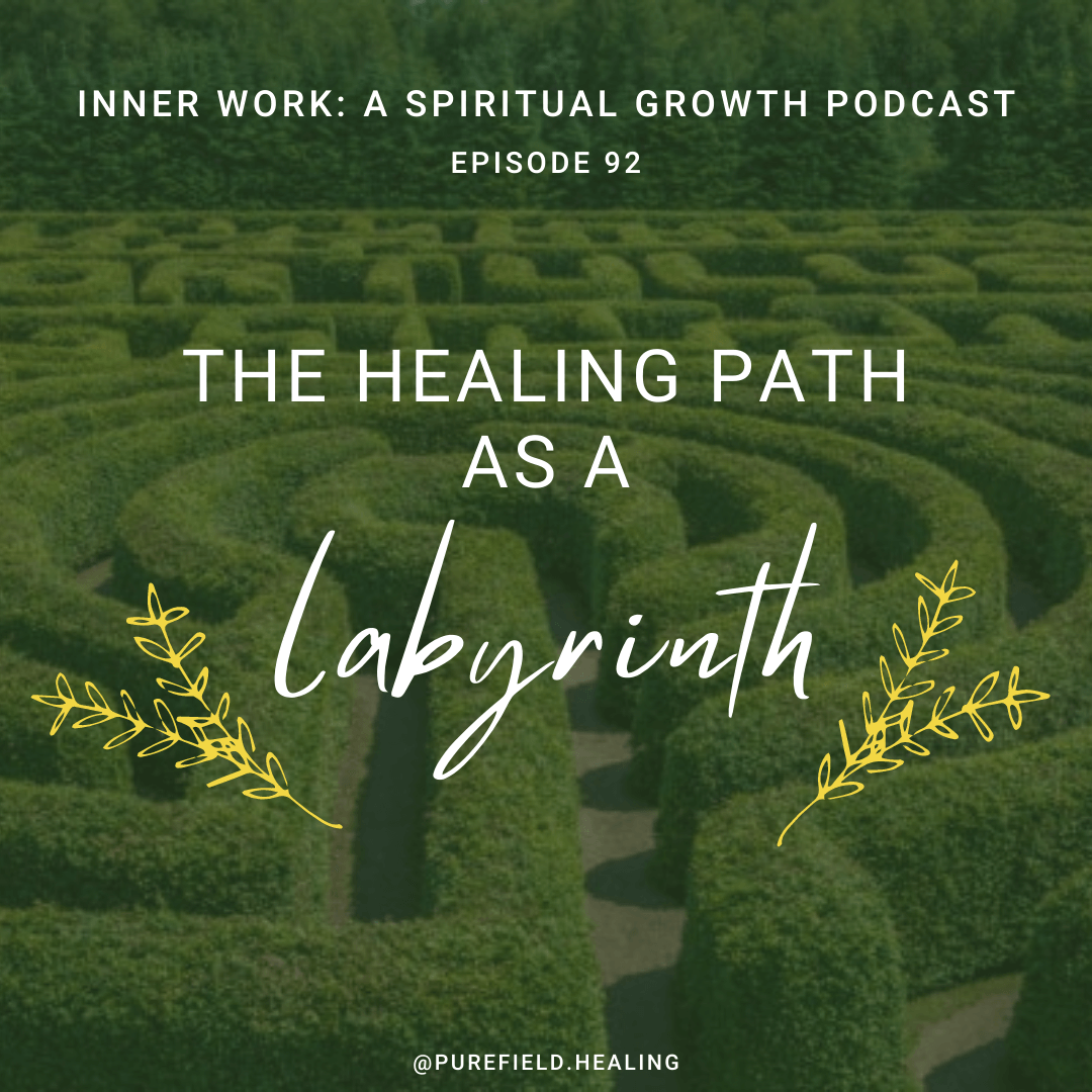 green labyrinth with white words healing path as labyrinth spiritual podcast